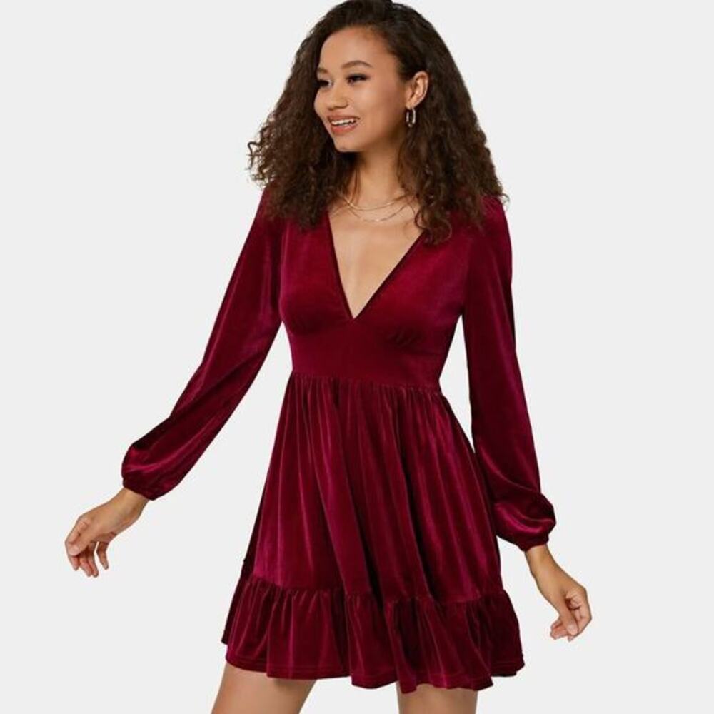 Halara Deep V-Neck Ruffled Hem Velvet Mini Chill Party Dress in Sangria‎ S NWT